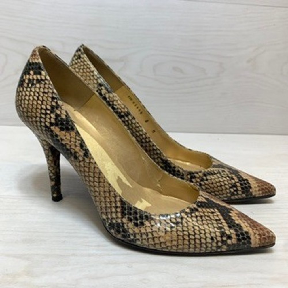 Stuart Weitzman Womens 8 Pumps Snakeskin Embossed Pointed Toe Stiletto Brown Tan